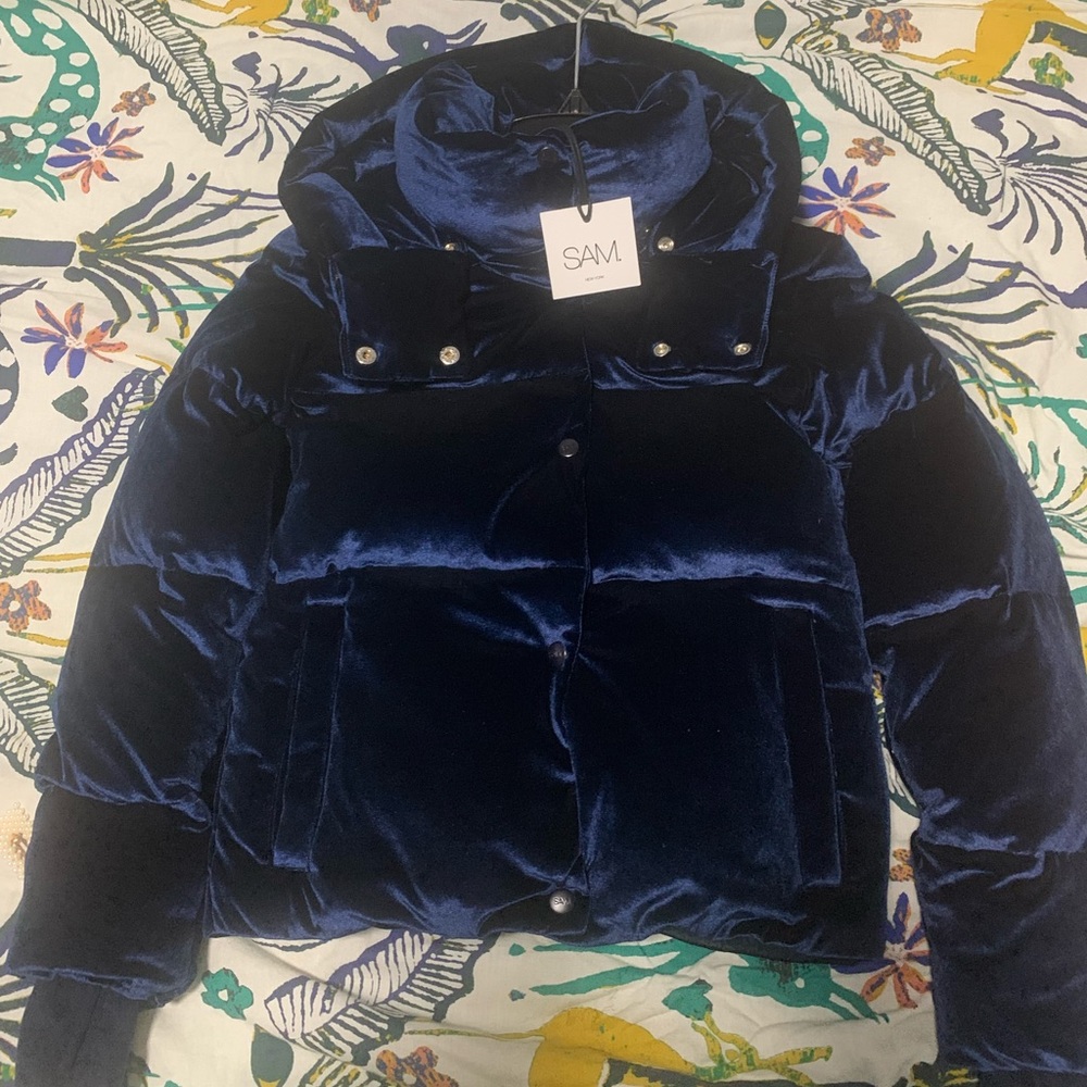 Brand New SAM. Navy Velvet Hooded Puffer Coat